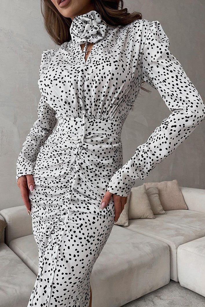 Polka Dot V-neck Puff Sleeve Maxi Dress