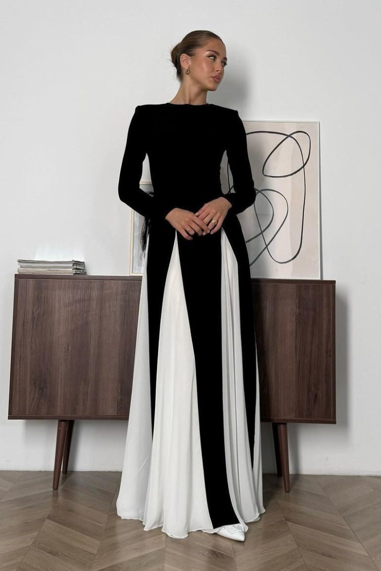 Contrast Color Double-layered Tulle Long-sleeved Maxi Dress