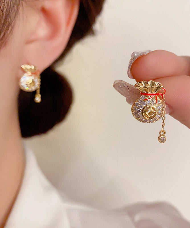 Chinese Style Copper 14k Gold Zircon Blessing Bag Tassel Stud Earrings