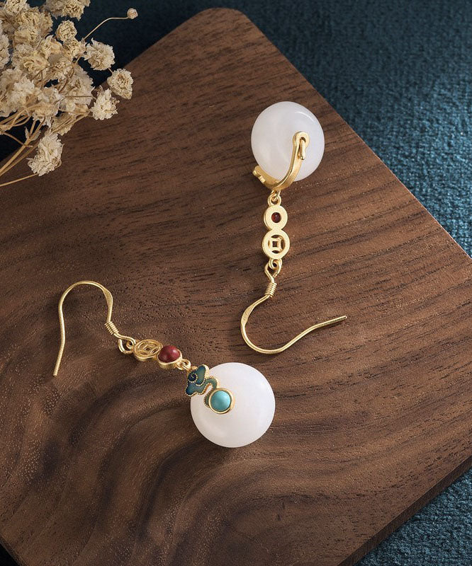 White Sterling Silver Overgild Inlaid Jade Xiang Yun Drop Earrings