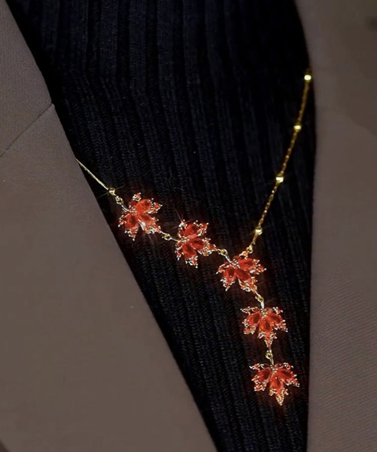 Red Sterling Silver Overgild Maple Leaf Pendant Necklace
