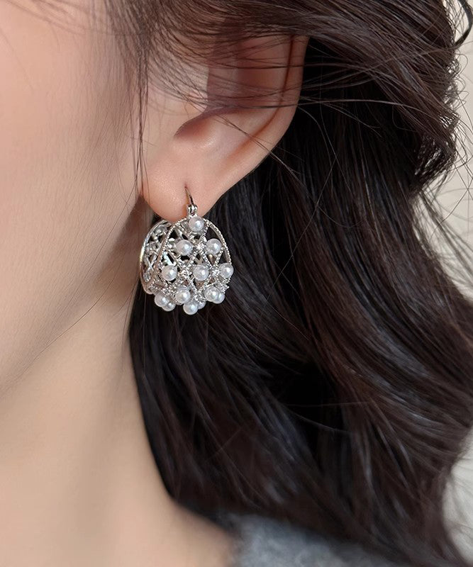 New Silk Copper Alloy Hollow Out Pearl Hoop Earrings