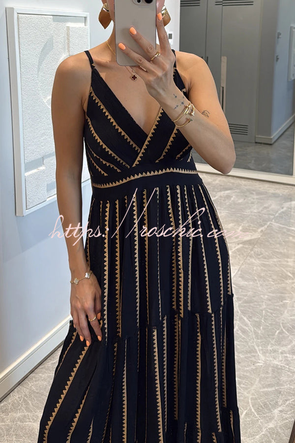 Striped Printed Suspender V-neck Full Hem Loose Holiday Maxi Dress