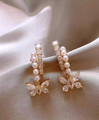 Gold Copper Overgild Zircon Pearl Butterfly Hoop Earrings