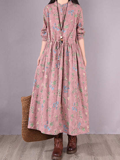 Printed Ramie Cotton Loose Midi Dress