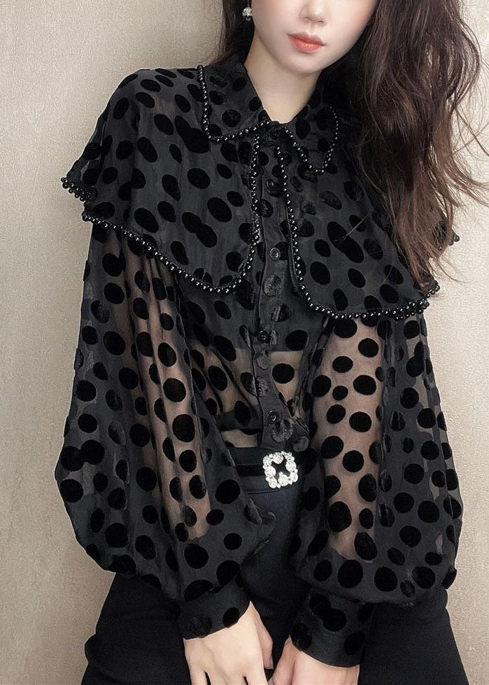 Patchwork Black Unique Velour Blouses Nail Collar Pan Bead Peter