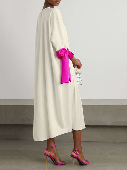Loose Seven-quarter Sleeves Contrast Color Round-neck Midi Dresses