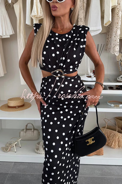 Roxane Polka Dot Print Shoulder Pad Metal Cutout Waist Slit Stretch Maxi Dress