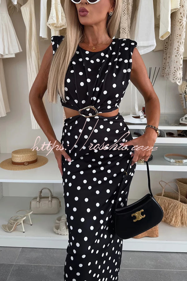 Roxane Polka Dot Print Shoulder Pad Metal Cutout Waist Slit Stretch Maxi Dress