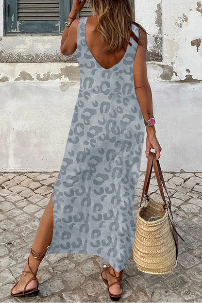 Gray Leopard Print Side Slits Tank Maxi Dress