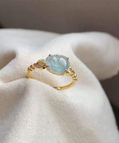 Chinese Style Blue Sterling Silver Overgild Zircon Crystal a Mythical Wild Animal Rings