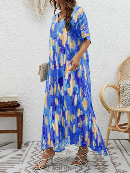Loose Short Sleeves Contrast Color High-waisted Printed V-neck Maxi Dresses