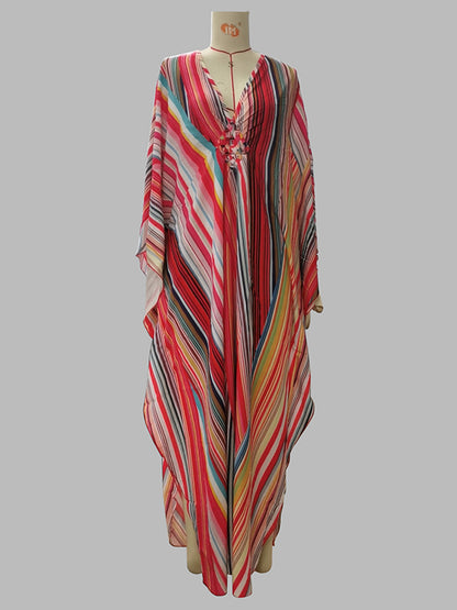 Batwing Sleeves Loose Printed Split-joint Striped V-neck Maxi Dresses