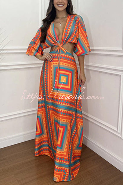 Wilma Unique Print Cutout Elastic Waist Tie-up Kimono Sleeve Maxi Dress