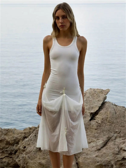 Tee Bow Mesh Patchwork Long Dress ’s Bandage See-through Beach Holiday Party Dress Slim Maxi Dress Summer New