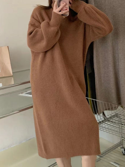 Long Sleeves Loose Color High Neck Midi Dresses Sweater Dresses
