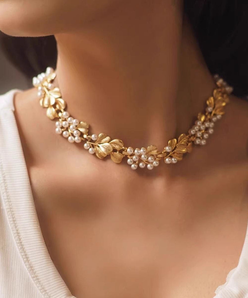 Ginkgo Leaf Copper With Hollow Out Pearl Collar Necklace and Stud Earrings Two Piece Set
