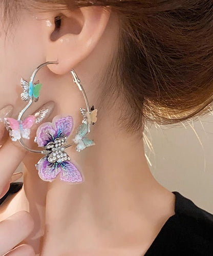 Purple Alloy Zircon Knit Butterfly Hoop Earrings