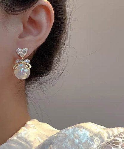 White Copper Overgild 14k Gold Pearl Zircon Bow Drop Earrings