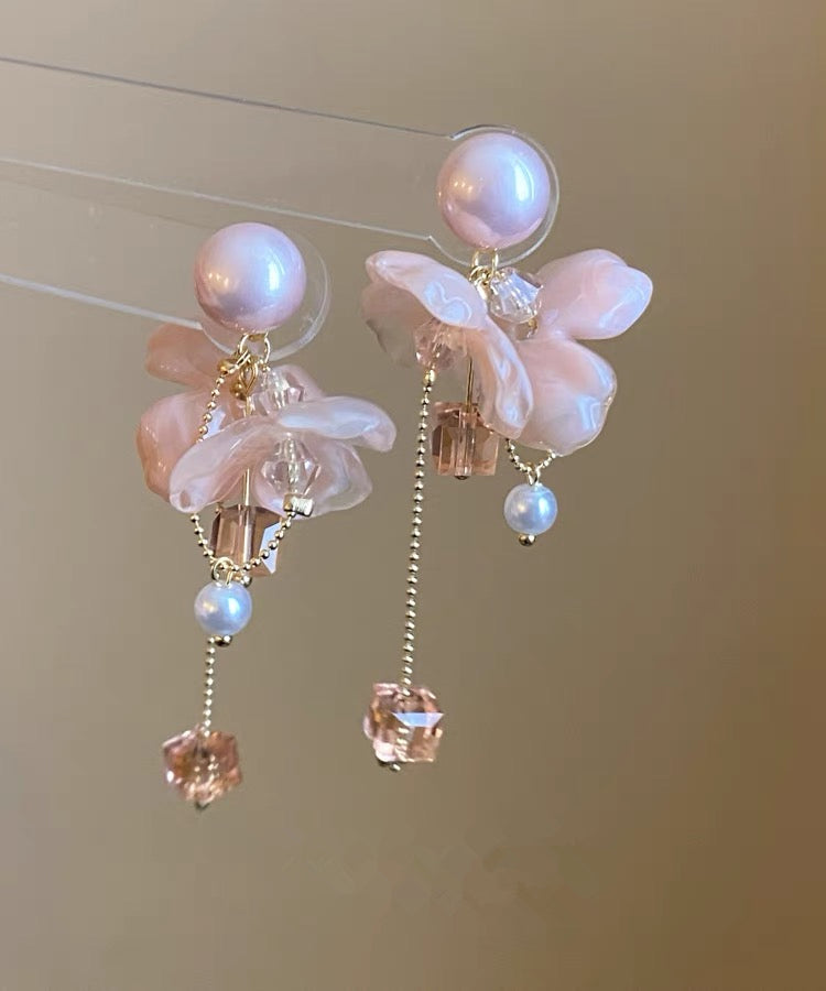 Pink Sterling Silver Overgild Crystal Pearl Tassel Drop Earrings