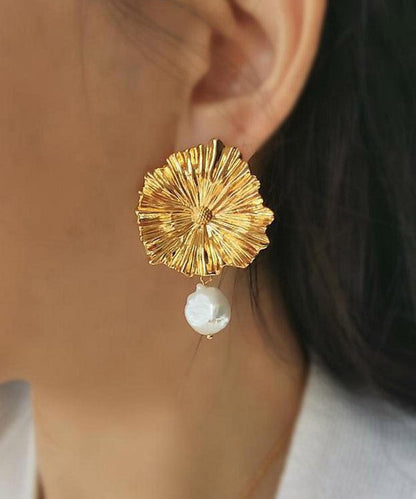 Boutique Yellow Copper Overgild Little Daisy Pearl Tassel Drop Earrings