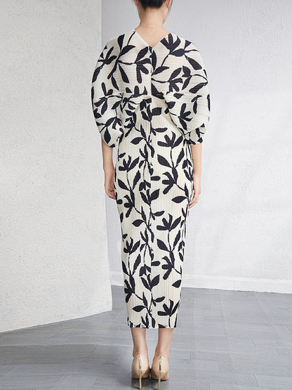 Urban Loose Batwing Sleeves Printed Pleated V-neck Midi Dresses