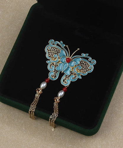 Blue Copper Overgild Pearl Butterfly Tassel Brooches