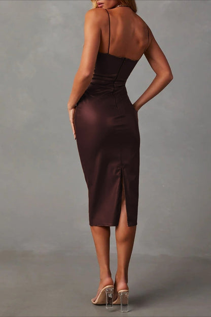 Pu Leather Spaghetti Strap Bodycon Midi Dress