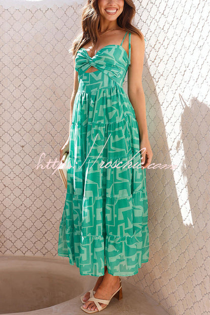 Unique Printed Suspender Tie Back Pleated Midi Dress