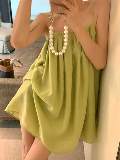 Loose Sleeveless Pleated Color Spaghetti-neck Mini Dresses Slip Dress