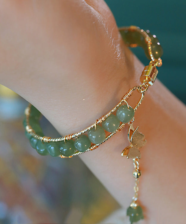 Diy Green Copper Overgild Jade Butterfly Tassel Charm Bracelet
