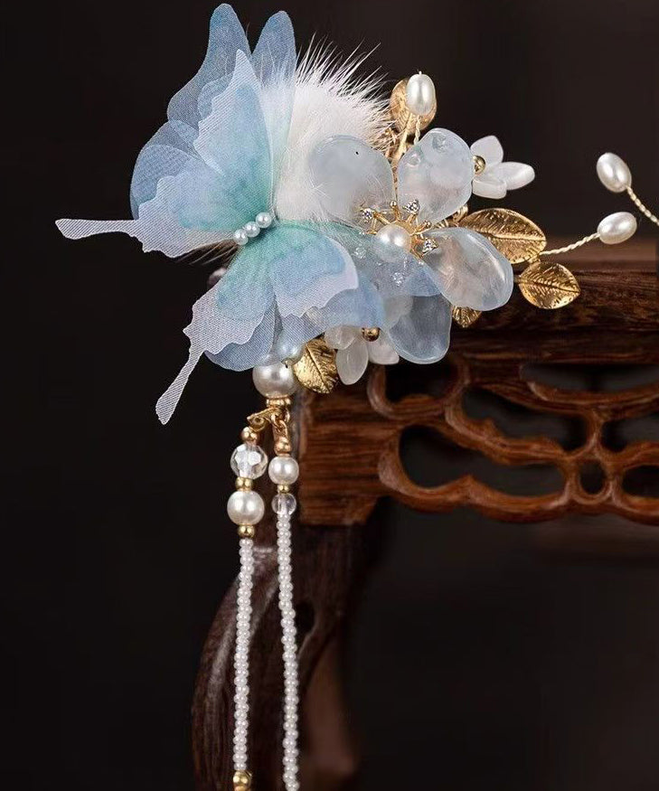 Chinese Style Blue Alloy Zircon Resin Butterfly Beading Tassel a Pair Hairpin