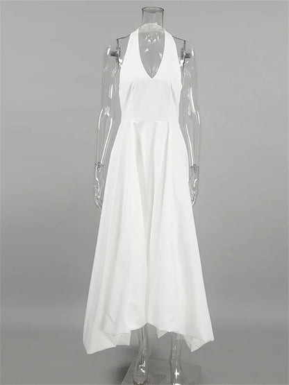 White V-neck Backless Long Dress Female Sleeveless High Waist Bodycon Dress Maxi Dress