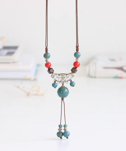 Retro Coffee Weave Alloy Ceramic Bead Hollow Out Pendant Necklace