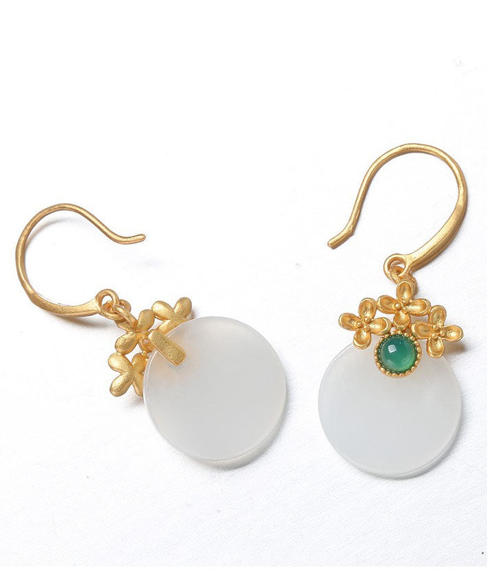 Art White Sterling Silver Overgild Inlaid Jade Drop Earrings