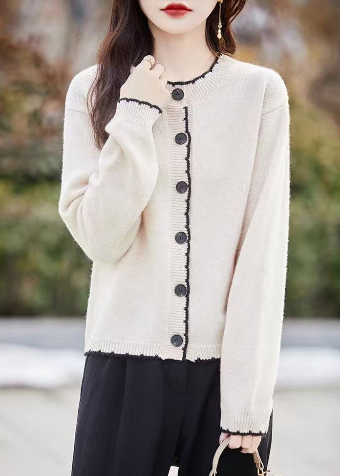 Classy Beige O Neck Button Wool Knit Cardigans Fall Qx025