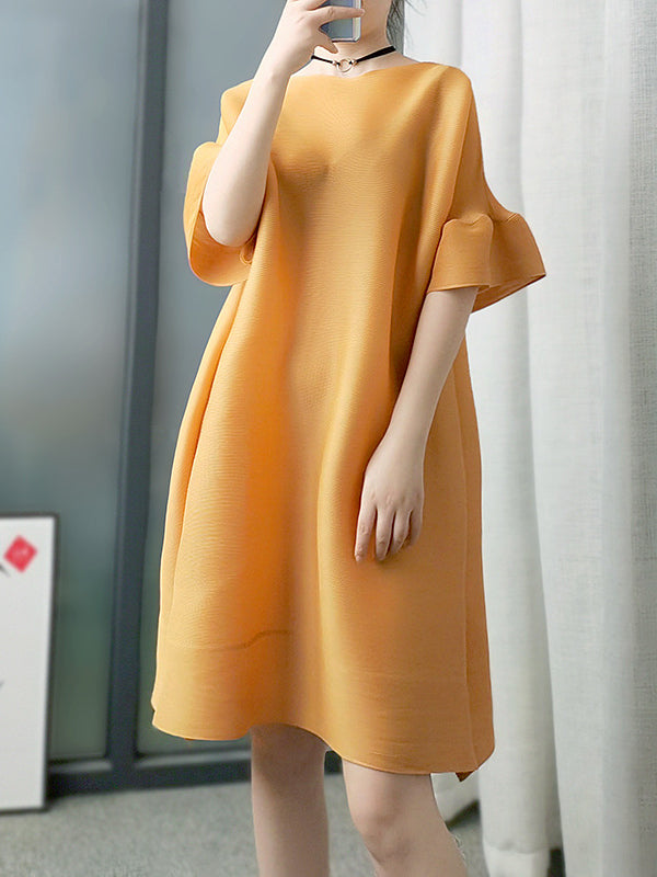 Stylish Selection Flared Sleeves A-line Pleated Color Round-neck Midi Dresses