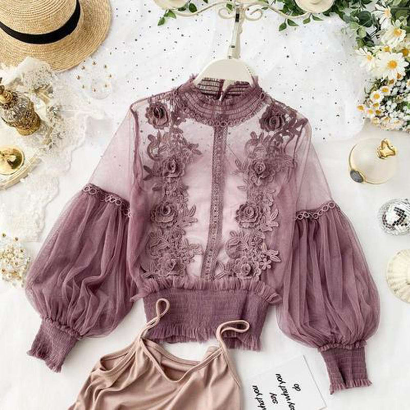 Grey Stand Collar Embroidery Flowers Sheer Lace Lantern Sleeve Blouse