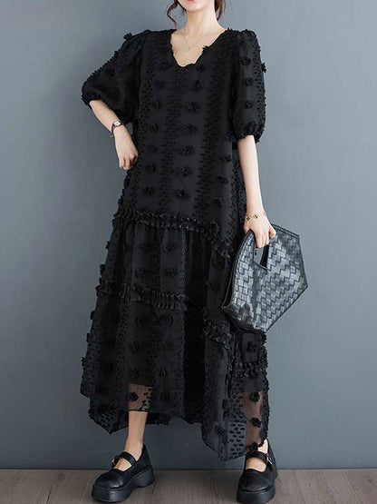 A-line Half Sleeves Elasticity Jacquard Color Split-joint V-neck Midi Dresses