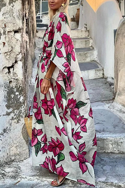 Print Dolman Sleeve Belted Loose Maxi Dress
