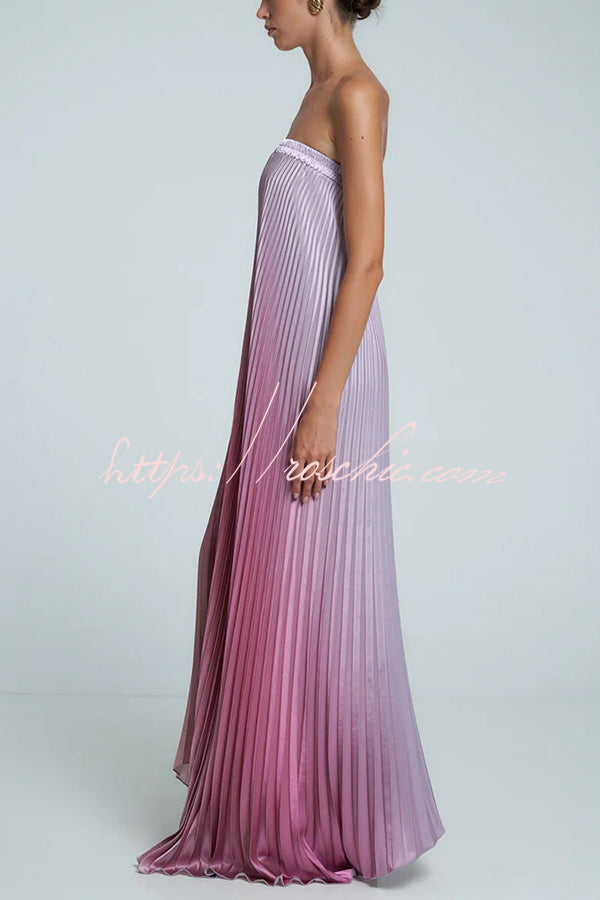 Styling Satin Pleated Elastic Bust Strapless A-line Gown Maxi Dress