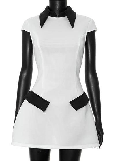 Summer Contrast Mini Dress for High Waist Patchwork Lapel Slim Dress Mini Dress
