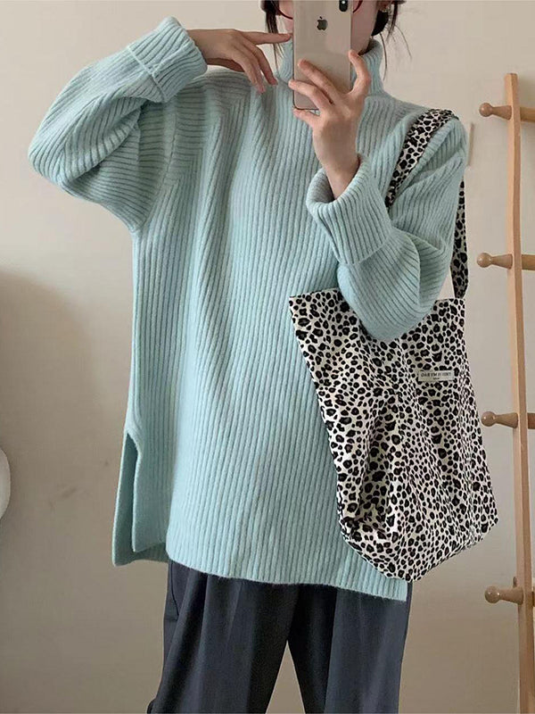 Simple Blue High Neck Split-side Long Sleeve Sweater Qx013