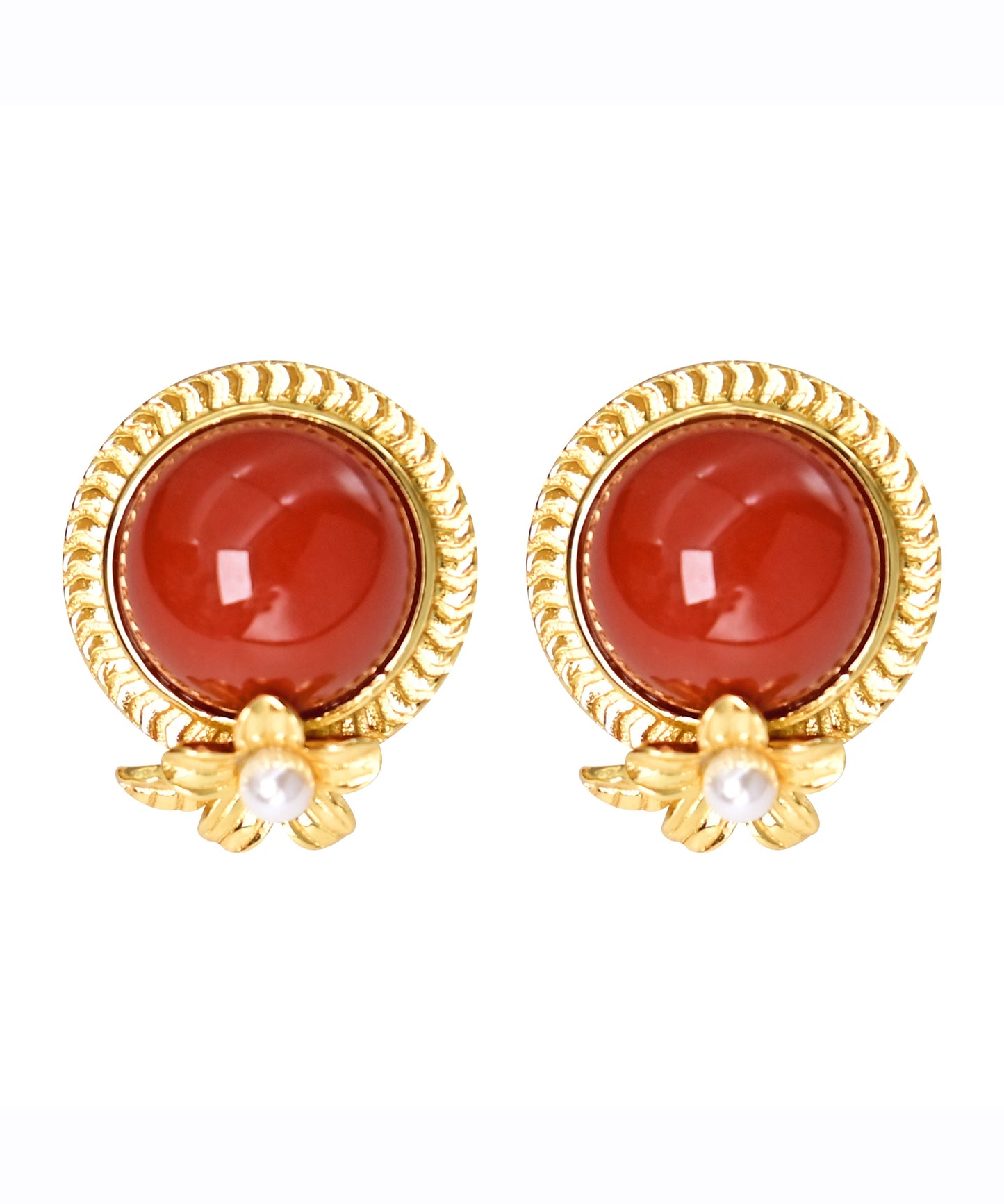 Red Sterling Silver Overgild Agate Pearl Stud Earrings