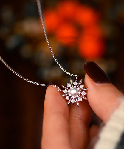 Romantic Christmas Snowflakes Pearl Adjustable Silver Pendant Necklace