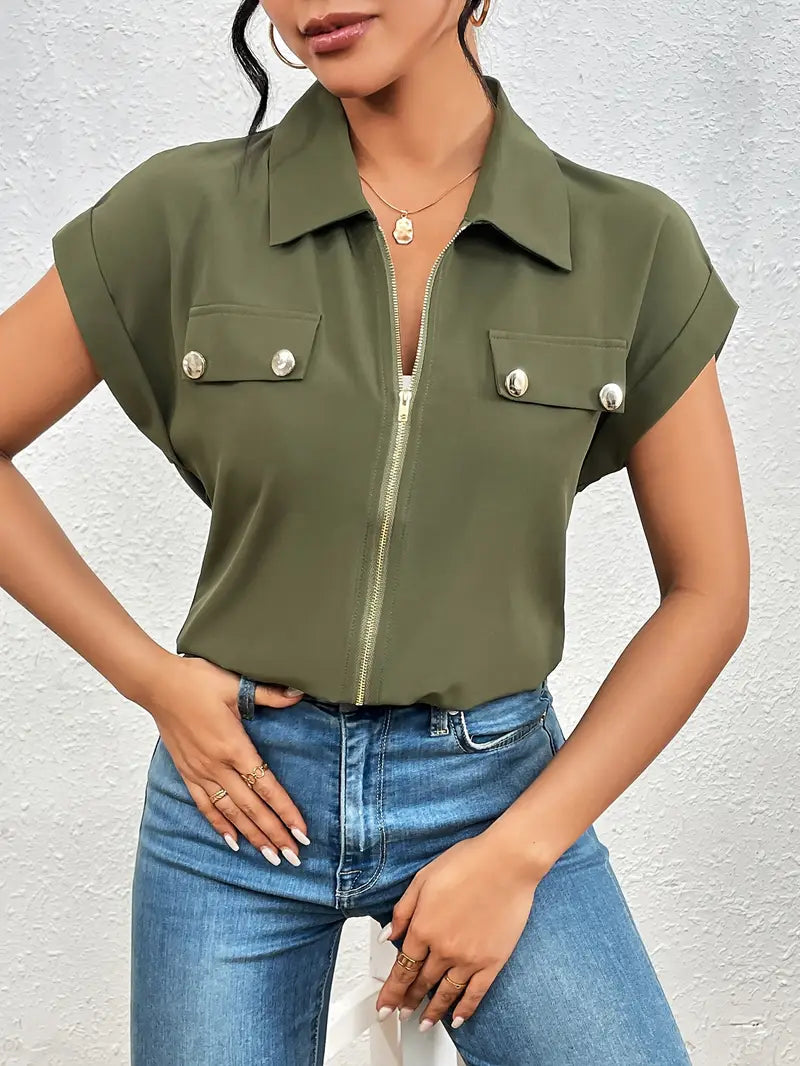 Safira - Zip-front Short Sleeve Blouse