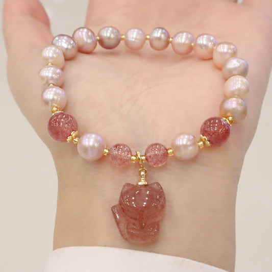 Buddha Stones Natural Pearl Strawberry Quartz Fox Love Healing Charm Bracelet