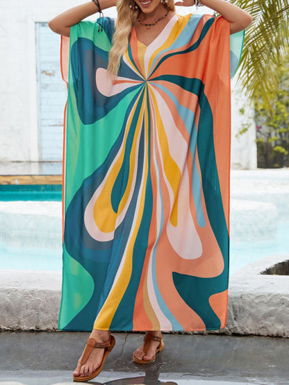 Batwing Sleeves Loose Printed Split-joint Split-side V-neck Maxi Dresses