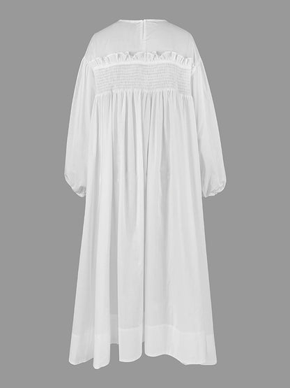 A-line Long Sleeves Mesh Pleated See-through Color Split-joint Round-neck Midi Dresses