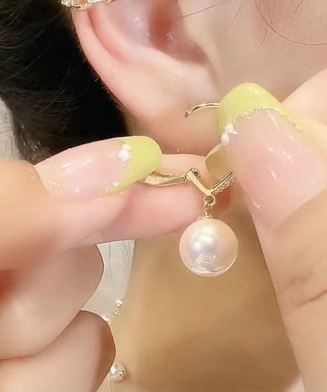 Gold Sterling Silver Alloy Inlaid Zircon Love Pearl Hoop Earrings